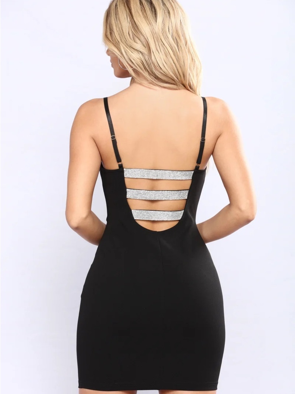 Gorgeous Adjustable Strappy Bedazzled Back V neck Black Bodycon Short Dress
